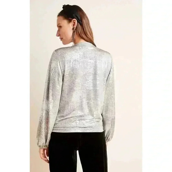 Anthropologie Carys Dolman Metallic Silver Faux Wrap Blouse Top XSP - Picture 3 of 9